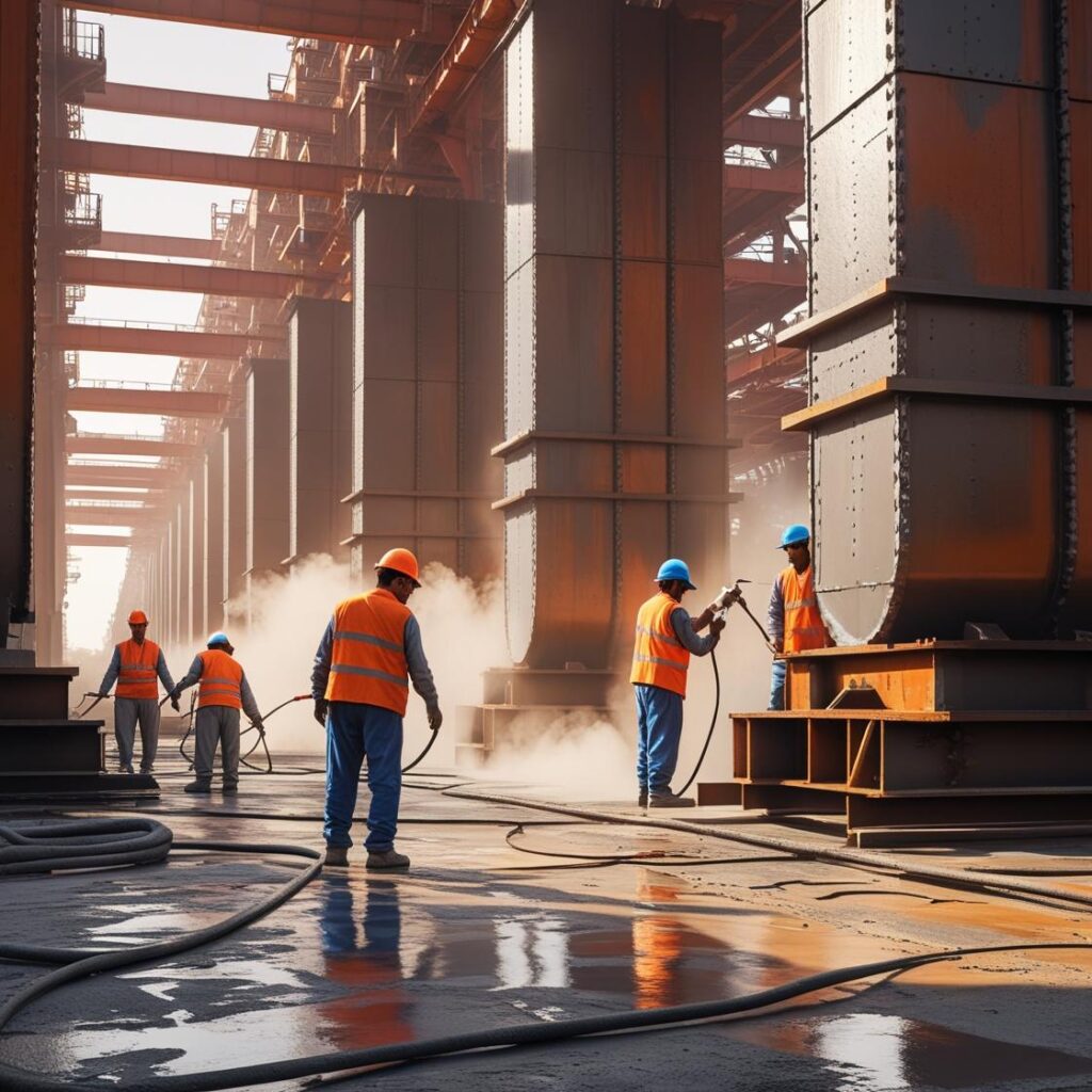 Company profile document of Sunil Enterprises detailing services in industrial painting, copper blasting, and interior works. Includes business introduction, client list, machinery inventory, paint brands used, contact details, and major project sites like Adani, L&T, JSW Steel, and Pidilite.