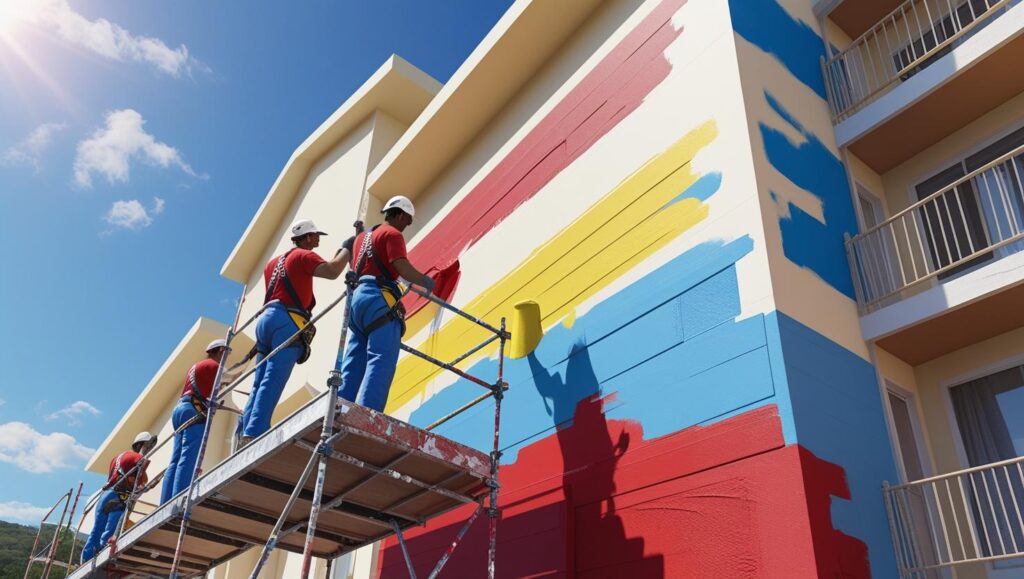 professional painters using scaffolding to paint a multi storey building exterior — sunny day, branded safety gear, vibrant paint in progress