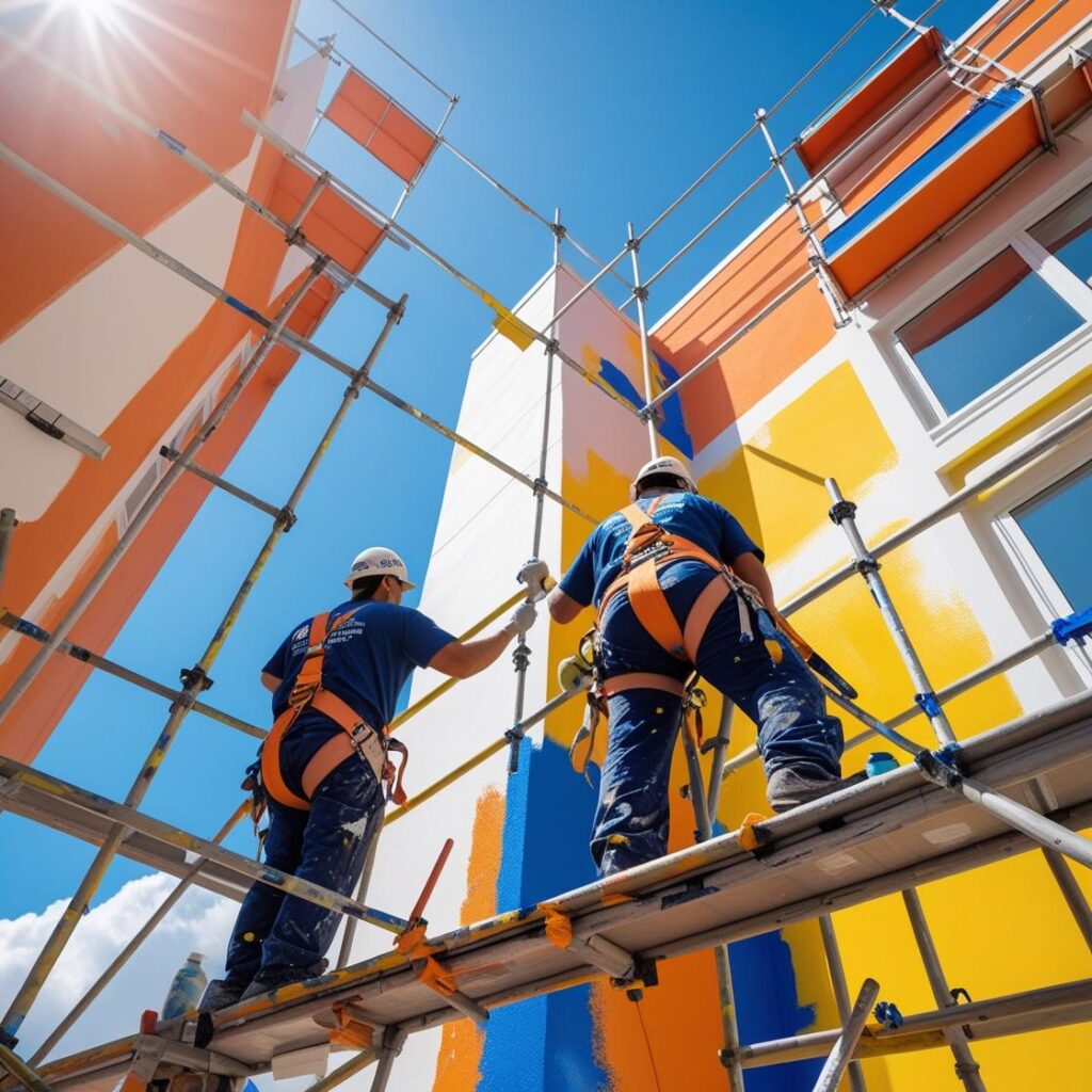 Company profile document of Sunil Enterprises detailing services in industrial painting, copper blasting, and interior works. Includes business introduction, client list, machinery inventory, paint brands used, contact details, and major project sites like Adani, L&T, JSW Steel, and Pidilite.