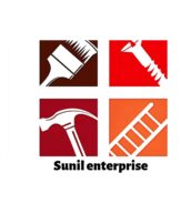Company profile document of Sunil Enterprises detailing services in industrial painting, copper blasting, and interior works. Includes business introduction, client list, machinery inventory, paint brands used, contact details, and major project sites like Adani, L&T, JSW Steel, and Pidilite.